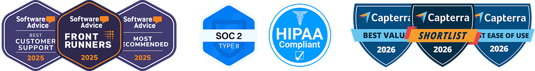 A collection of eight badges featuring 2025 Software Advice awards for customer support, front runners, and most recommended; a SOC 2 Type II seal; a HIPAA Compliant badge; and 2026 Capterra badges for best value, shortlist, and ease of use.
