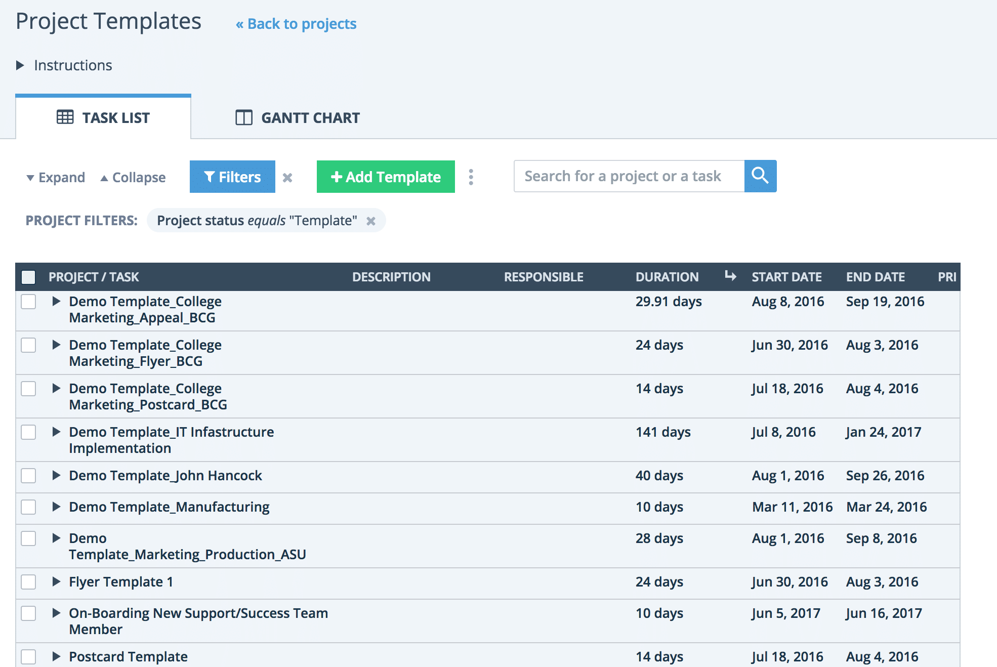 Project Templates task list