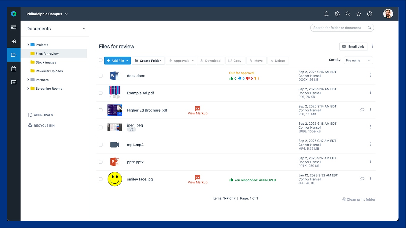 A file management dashboard displays a list of documents with columns for file name, comments, approvals, downloads, owner, and modified date. With secure file sharing and file access control, users can manage DOCX, PDF, JPG, MP4, PPTX files and even smiley face images.
