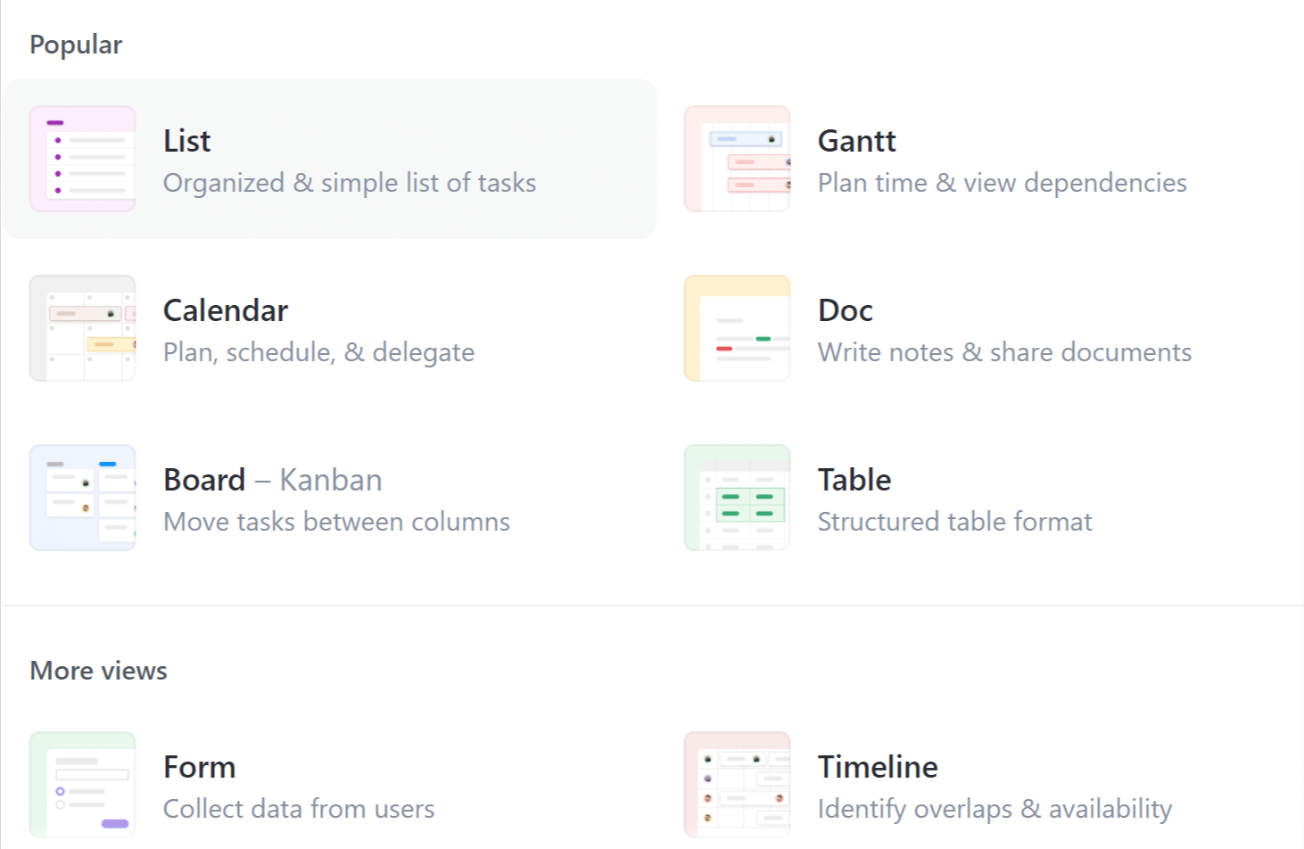 Clickup task display view options