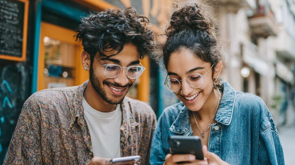 Two young adults wearing glasses and casual clothes smile while looking at their smartphones outdoors, standing close together on a city street—showcasing how credit unions can reach Gen Z through digital engagement and authentic connections.