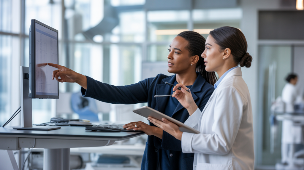 two healthcare professionals looking at a computer screen