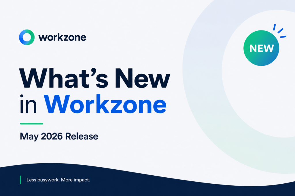 A promotional graphic for the Workzone May 2026 release. Text reads: What’s New in Workzone. May 2026 Release. A green circle labeled NEW is on the right. Discover project management software updates, logo and tagline at the bottom.