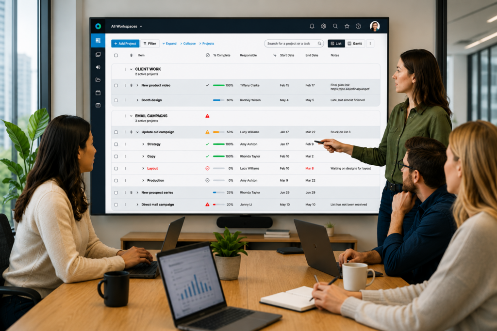 Team reviewing a project portfolio dashboard in Workzone showing project status, deadlines, ownership, and workload visibility across departments