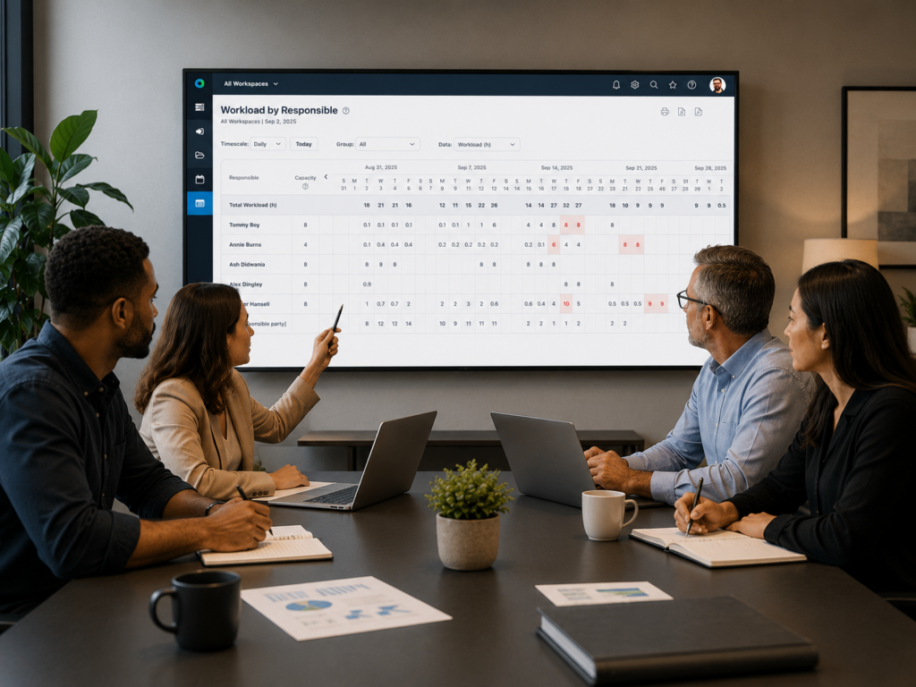 Team reviewing workload distribution and capacity planning dashboards in Workzone to identify overloaded resources and improve project visibility across departments