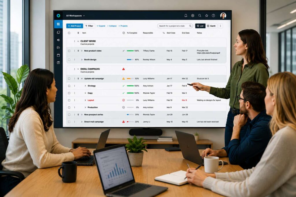 Team reviewing a project portfolio dashboard in Workzone showing project status, deadlines, ownership, and workload visibility across departments