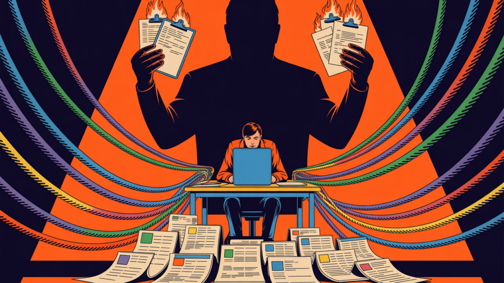 A person at a desk works on a laptop, surrounded by documents and colorful cables, while a shadow PM looms behind them, holding up burning papers—evoking the stress of scope creep amid bold orange and dark hues.