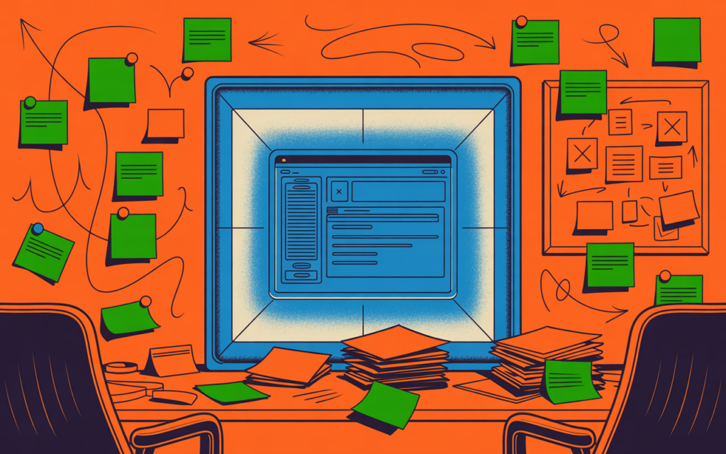 A colorful illustration of a desk with two chairs, scattered papers, and green sticky notes on the walls. In the center, a glowing screen displays a web interface, surrounded by arrows and flowchart sketches.