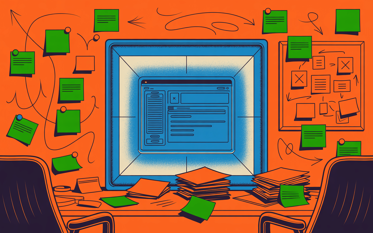 A colorful illustration of a desk with two chairs, scattered papers, and green sticky notes on the walls. In the center, a glowing screen displays a web interface, surrounded by arrows and flowchart sketches.