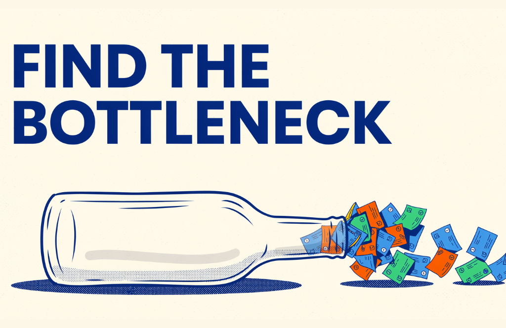 An illustration of a bottle lying on its side with colorful kanban cards stuck in its neck, next to the bold text: Find the Bottleneck.
