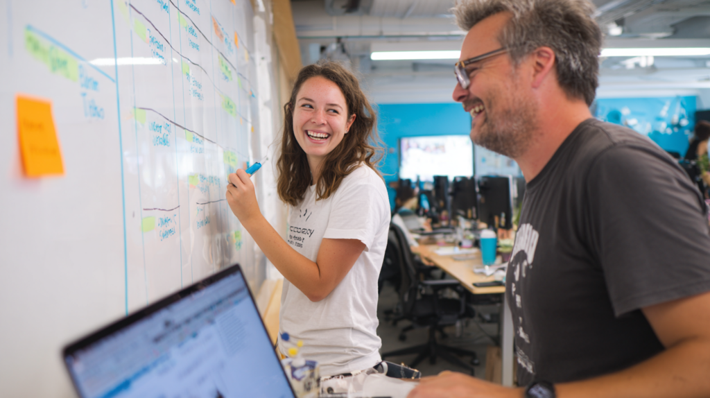 Two people smiling and collaborating at a whiteboard covered with notes and diagrams in a modern office. One is writing with a marker while the other looks on, a laptop open in the foreground.