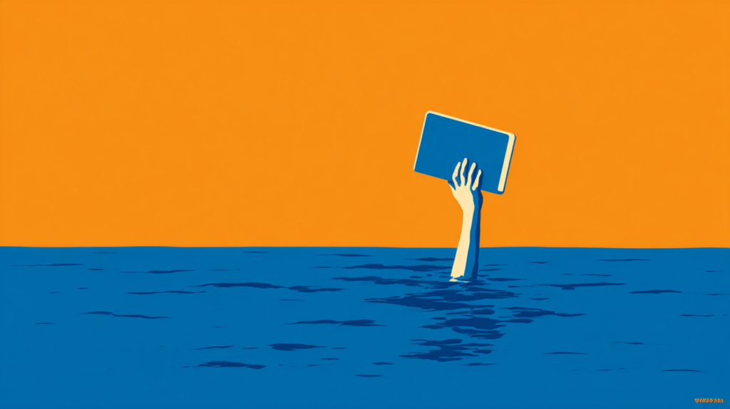 A hand emerges from deep blue water, holding up a tablet against a solid orange background—echoing the feeling of a marketing department of one striving to keep technology afloat in challenging situations.