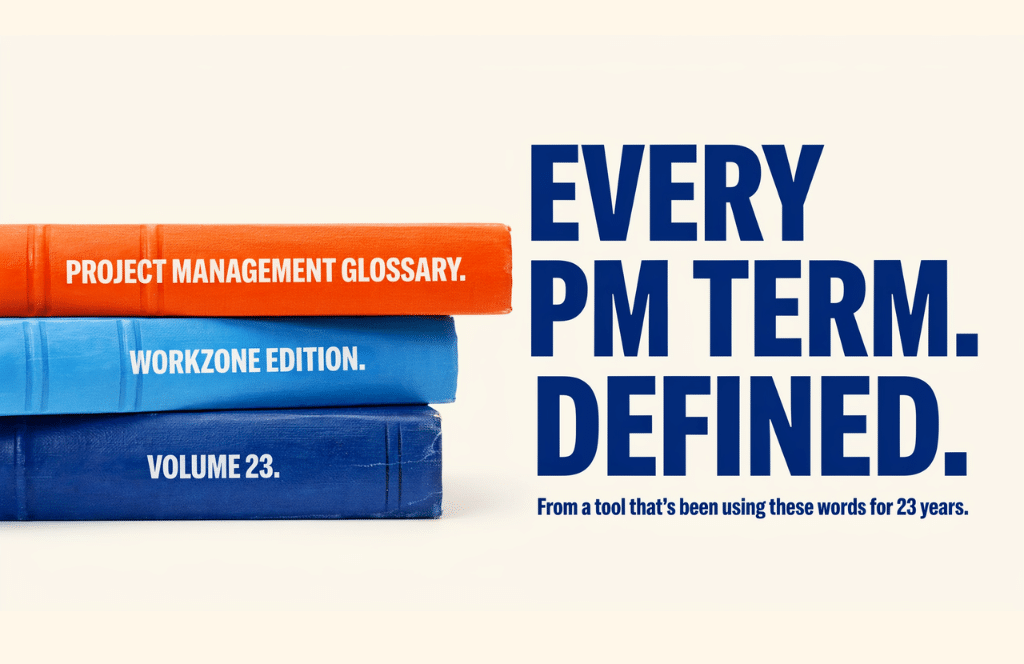 Three stacked books labeled Project Management Glossary, Workzone Edition, and Volume 23 sit next to bold text reading Every PM TERM. DEFINED. From a tool using project management methodologies for 23 years.