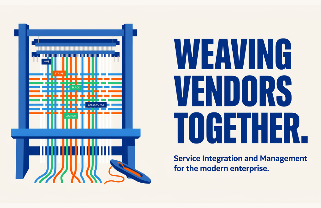 An illustration of a loom weaving together colored threads labeled with vendor names like AWS, Stripe, Slack, and Salesforce. Bold text reads, Weaving Vendors Together. Subtext says, SIAM: Service Integration and Management for the modern enterprise.