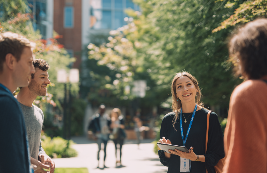 A woman with a tablet and lanyard talks with three people outdoors on a sunny day, with trees and a building in the background. They appear to be having a friendly conversation in a campus-like setting.