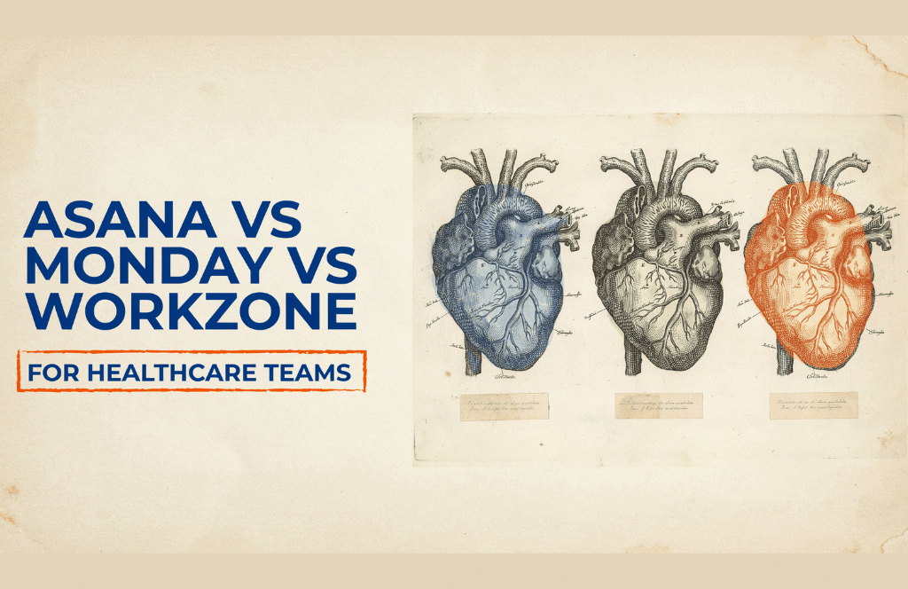 Three anatomical heart illustrations in blue, green, and red. Text on the left reads: Asana vs Monday vs Workzone for Healthcare Teams in bold blue and orange font against a light background—capturing how marketing teams decide what's next when choosing the best workflow tool.
