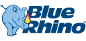 A blue cartoon rhino with a yellow and red flame next to the words Blue Rhino in bold blue letters, representing powerful workflow management tools perfect for Workzone and project tracking software.