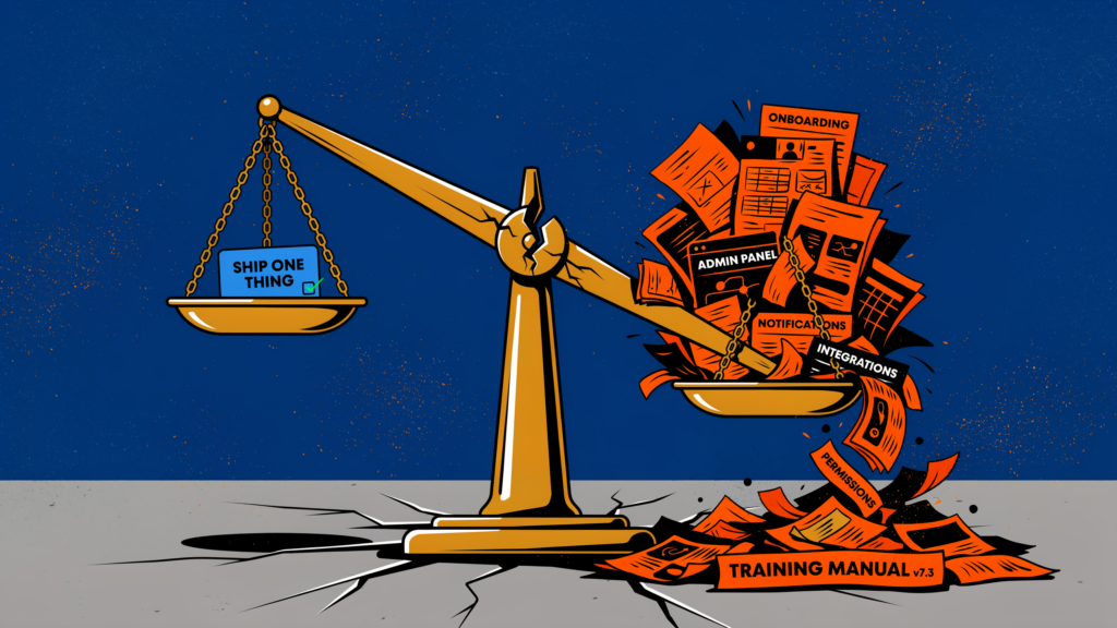 A gold balance scale tips heavily to the right under a pile of papers labeled onboarding, admin panel, notifications, integrations, and training manual, while the left side holds a single blue box labeled Ship One Thing.