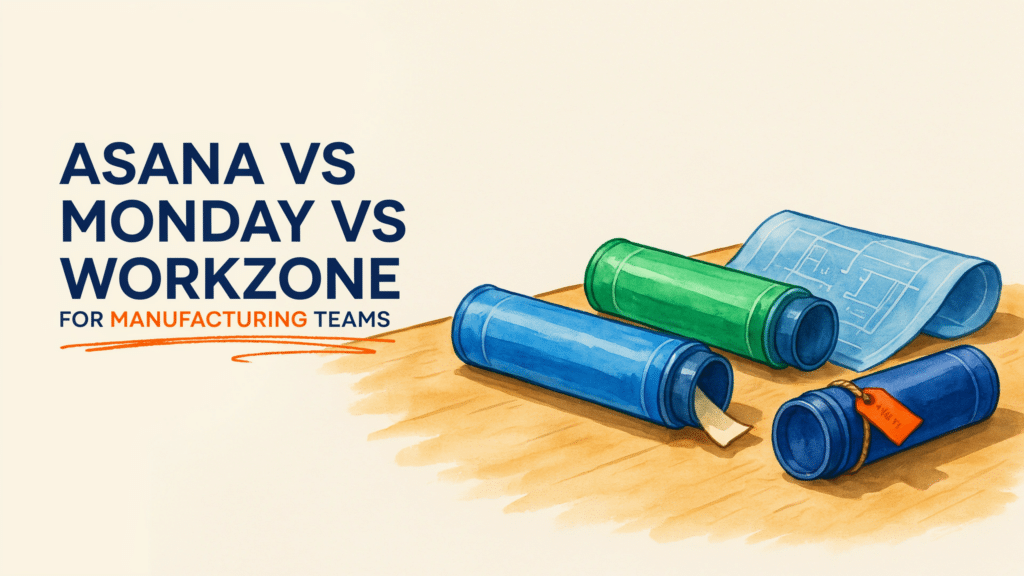Three blueprints in blue, green, and teal tubes lie on a wooden table next to text comparing Asana, Monday, and Workzone for manufacturing teams.