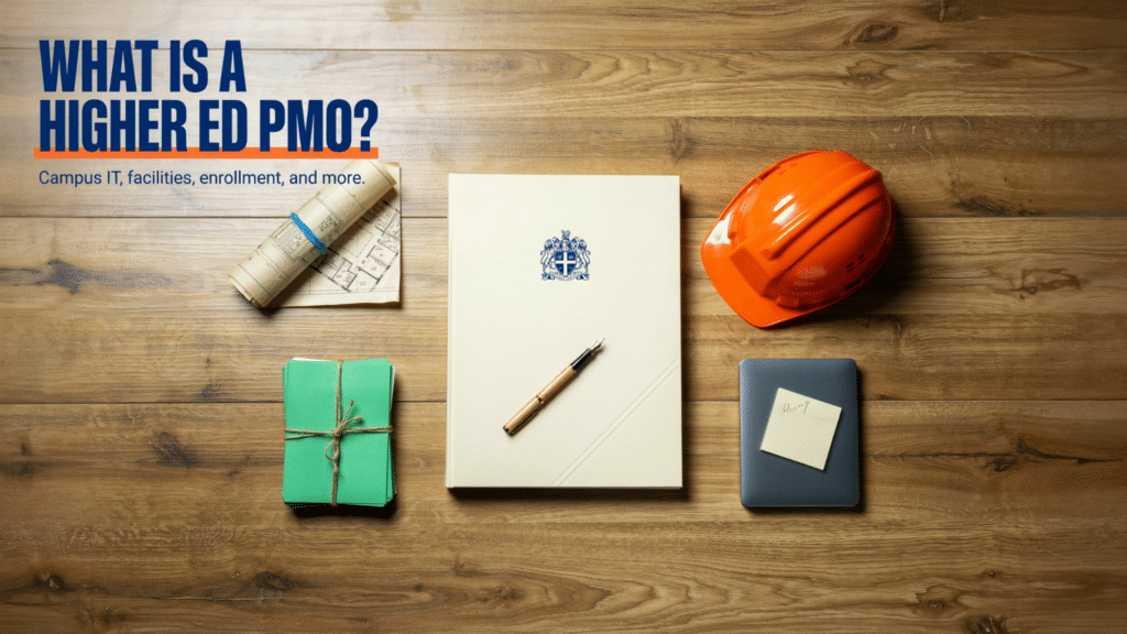 A hard hat, blueprint, notebook, pen, and green-wrapped bundle on a wooden table, with the text What is a Higher Ed PMO? Explore how tools like Basecamp vs Asana vs Workzone for Higher Education can streamline campus IT, facilities, enrollment, and more.