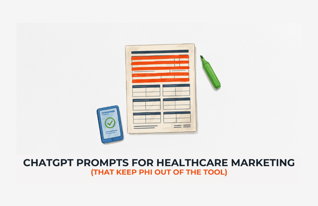 A checklist and form, some sections redacted, with a green marker and phone showing a checkmark. Text: Prompts for Healthcare Marketing Teams—ChatGPT Prompts for Healthcare Marketing (That Keep PHI Out of the Tool).