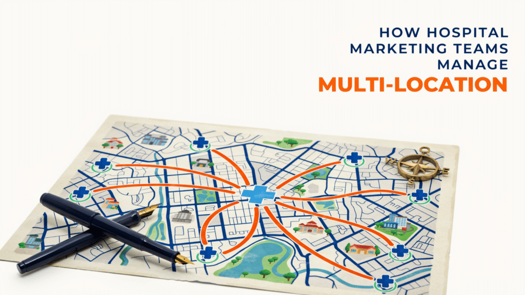 A map with hospital icons connected by orange lines, a pen, and a compass; text reads How hospital marketing teams manage multi-location—similar to how Basecamp vs Asana vs Workzone for Higher Education help coordinate complex projects across various sites.