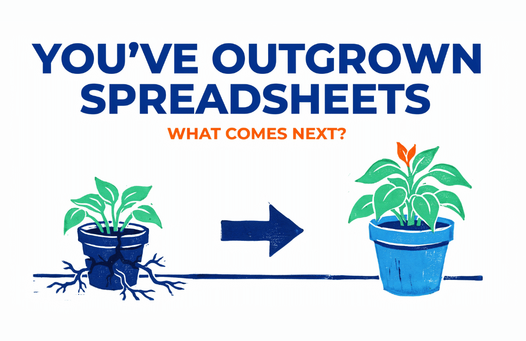 Illustration of a small, cracked pot with a wilting plant, an arrow, and a larger pot with a thriving plant. Text reads: You’ve outgrown spreadsheets for project management. What comes next?.