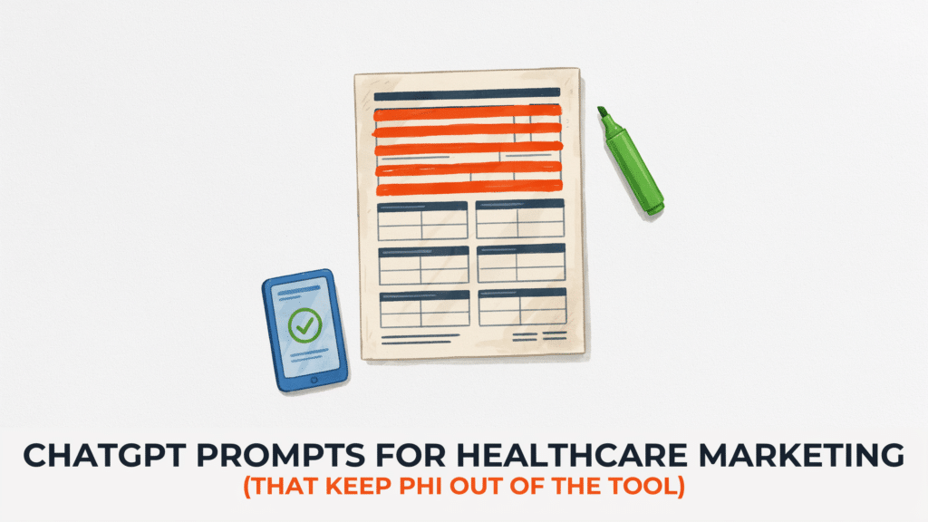 A paper with redacted lines, a green highlighter, and a phone with a checkmark. Text: ChatGPT prompts for healthcare marketing (that keep PHI out of the tool)..