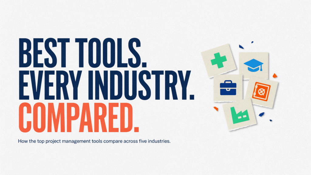 Best Tools. Every Industry. Compared. with industry icons for healthcare, education, business, manufacturing, and technology. Subtext: How the top project management tools compare across five industries..