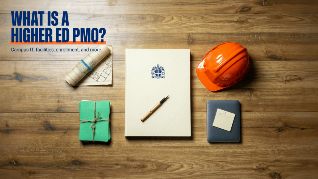 A desk with a blueprint, orange hard hat, green notebook, folder with a crest, pen, laptop, and sticky note. Text: What is a Higher Ed PMO? Campus IT, facilities, enrollment, and more—and how solutions like Asana vs Wrike vs Workzone for Agencies can help your team stay organized and efficient.