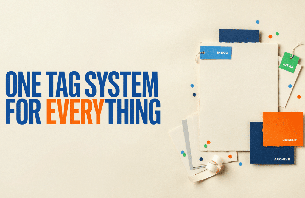 Text reads ONE TAG SYSTEM FOR EVERYTHING next to a collection of paper sheets with colorful project management tags labeled INBOX, IDEAS, URGENT, and ARCHIVE.