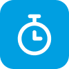 White stopwatch icon on a blue rounded square background.