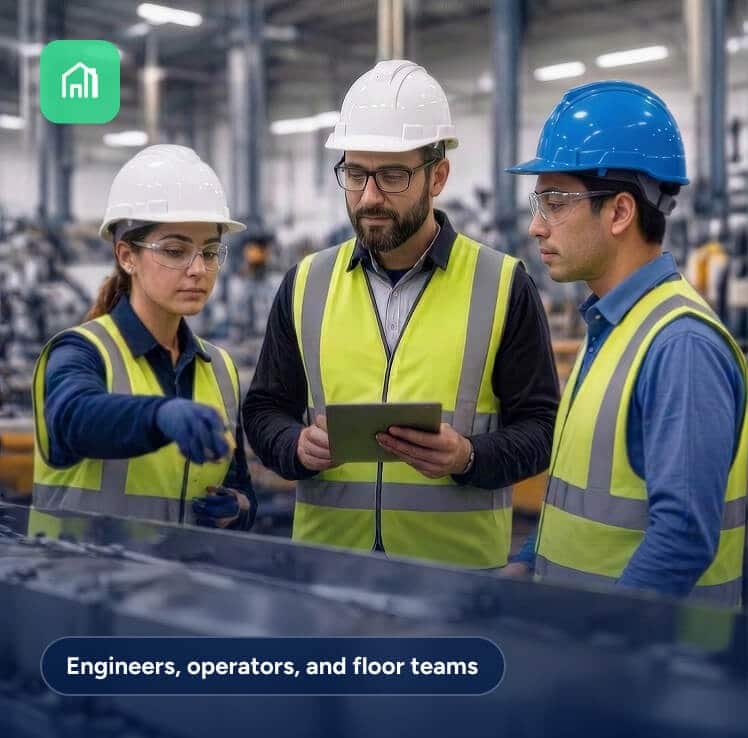 Three people in hard hats and high-visibility vests looking at a tablet in a factory setting, with text overlay reading: Engineers, operators, and floor teams.