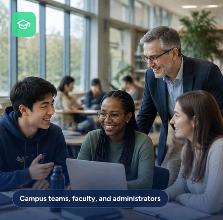 A professor stands behind two students who are looking at a laptop together at a table. Text at the bottom reads: Campus teams, faculty, and administrators.