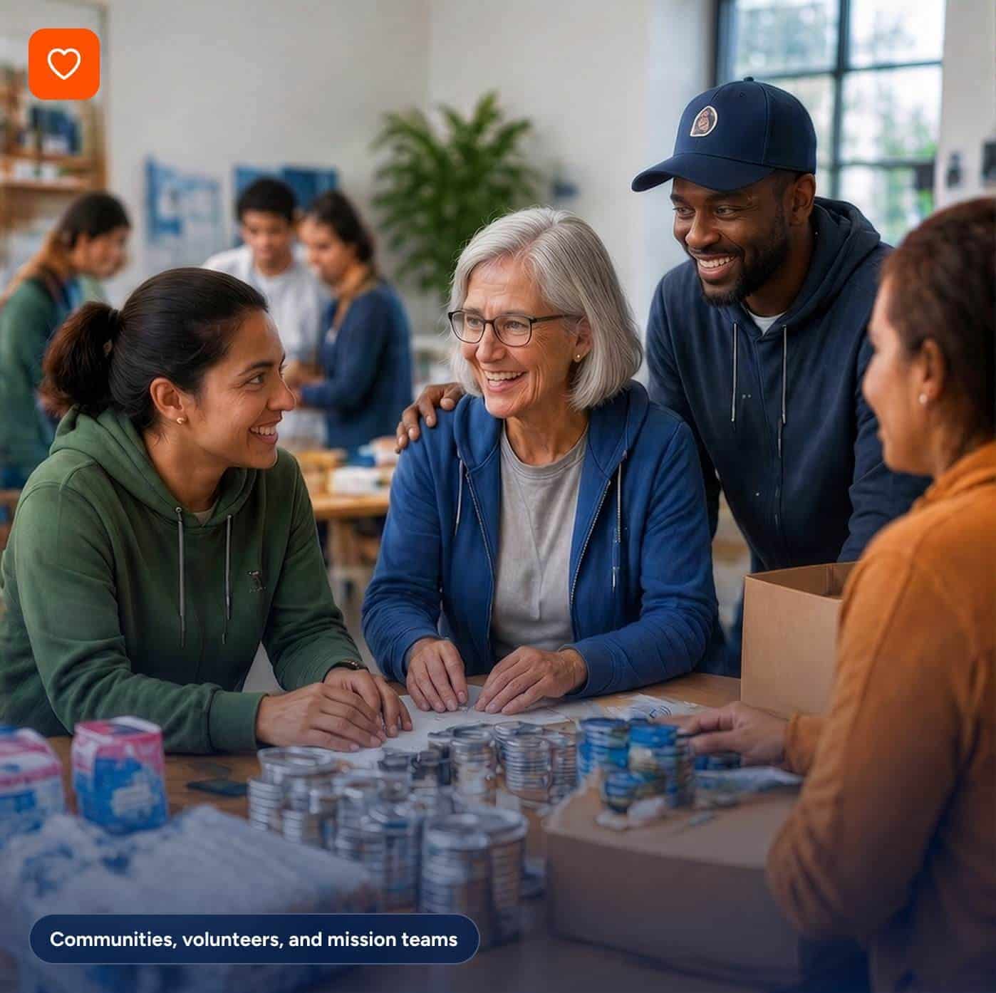 A diverse group of volunteers smiles while working together at a table filled with canned food donations.