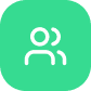 White icon of two overlapping people on a green rounded square background.