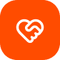 White outline of a heart-shaped handshake icon on an orange square background with rounded corners.