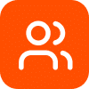 White icon of two overlapping people on an orange square background.