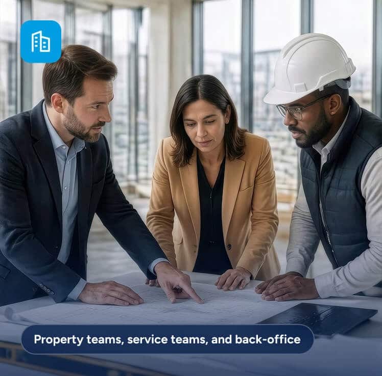 Two people in business attire and one person in a hard hat look at a blueprint on a table, with the text Property teams, service teams, and back-office overlaid at the bottom.
