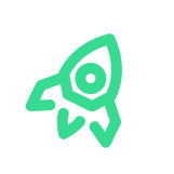 Green outline icon of a rocket ship.