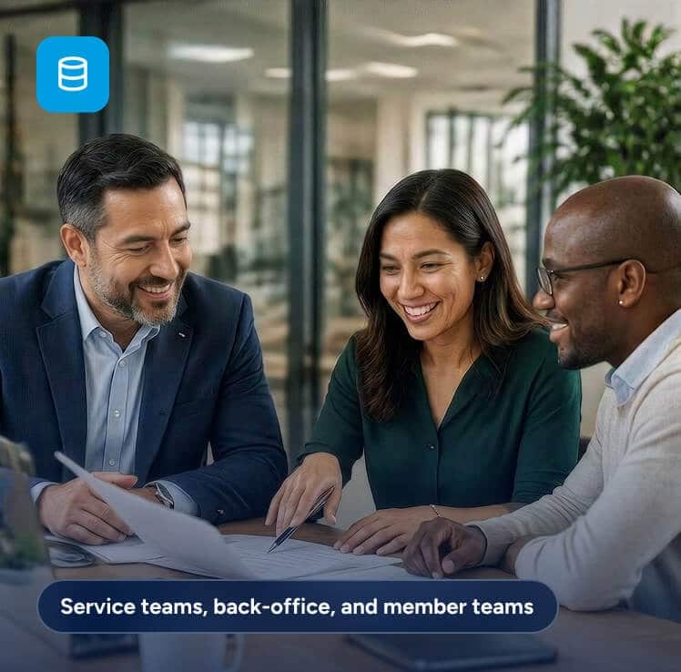 Three smiling coworkers look at a document together in an office. Text below reads: Service teams, back-office, and member teams.