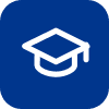 White graduation cap icon on a blue square background.
