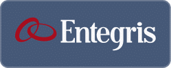 Entegris logo featuring two interlocking red circles next to the company name in white text on a blue background.