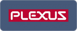 Plexus logo in white text on a red background set within a blue rectangle.