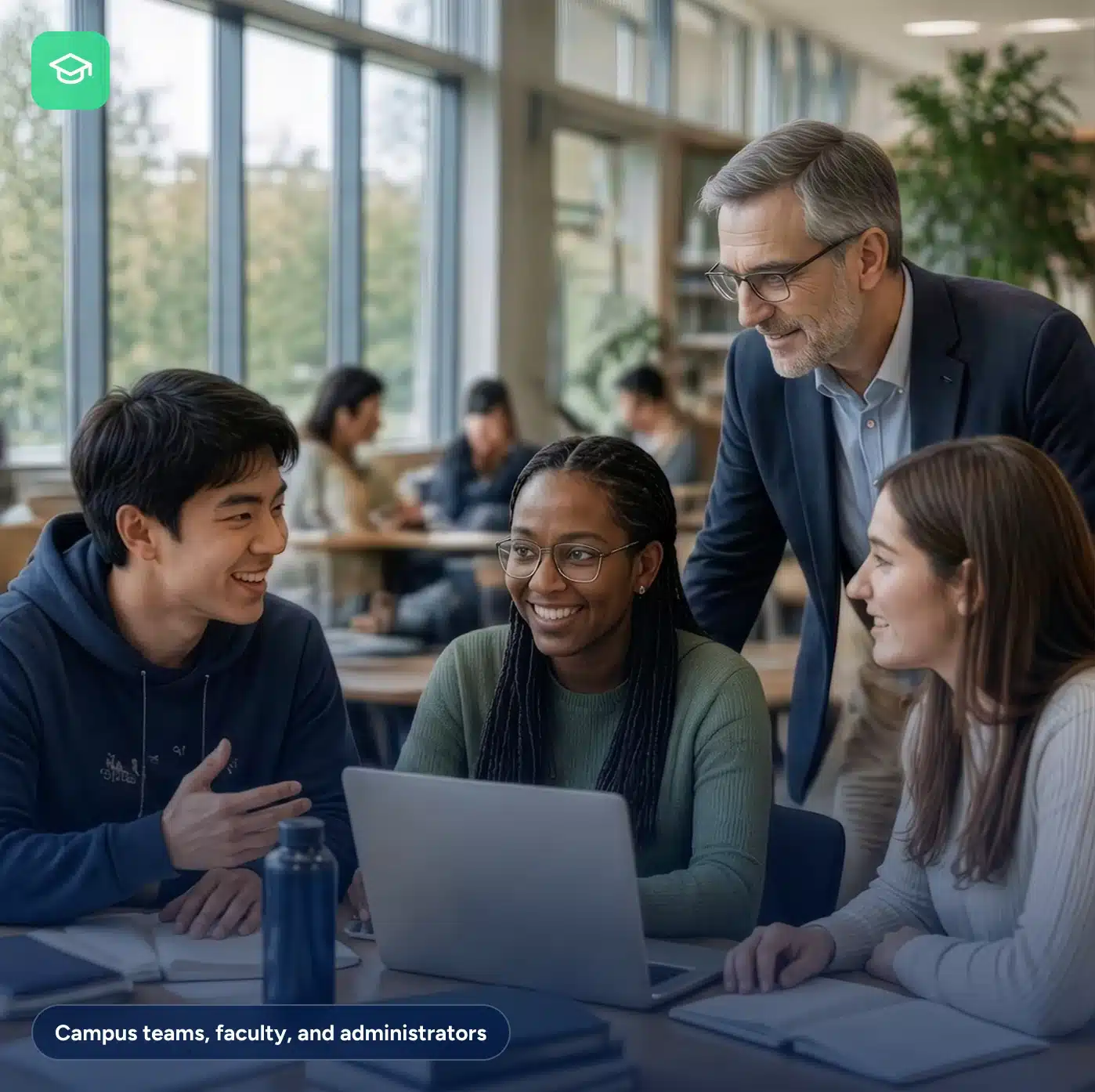 A professor stands behind three students sitting at a table with a laptop in a bright university library.