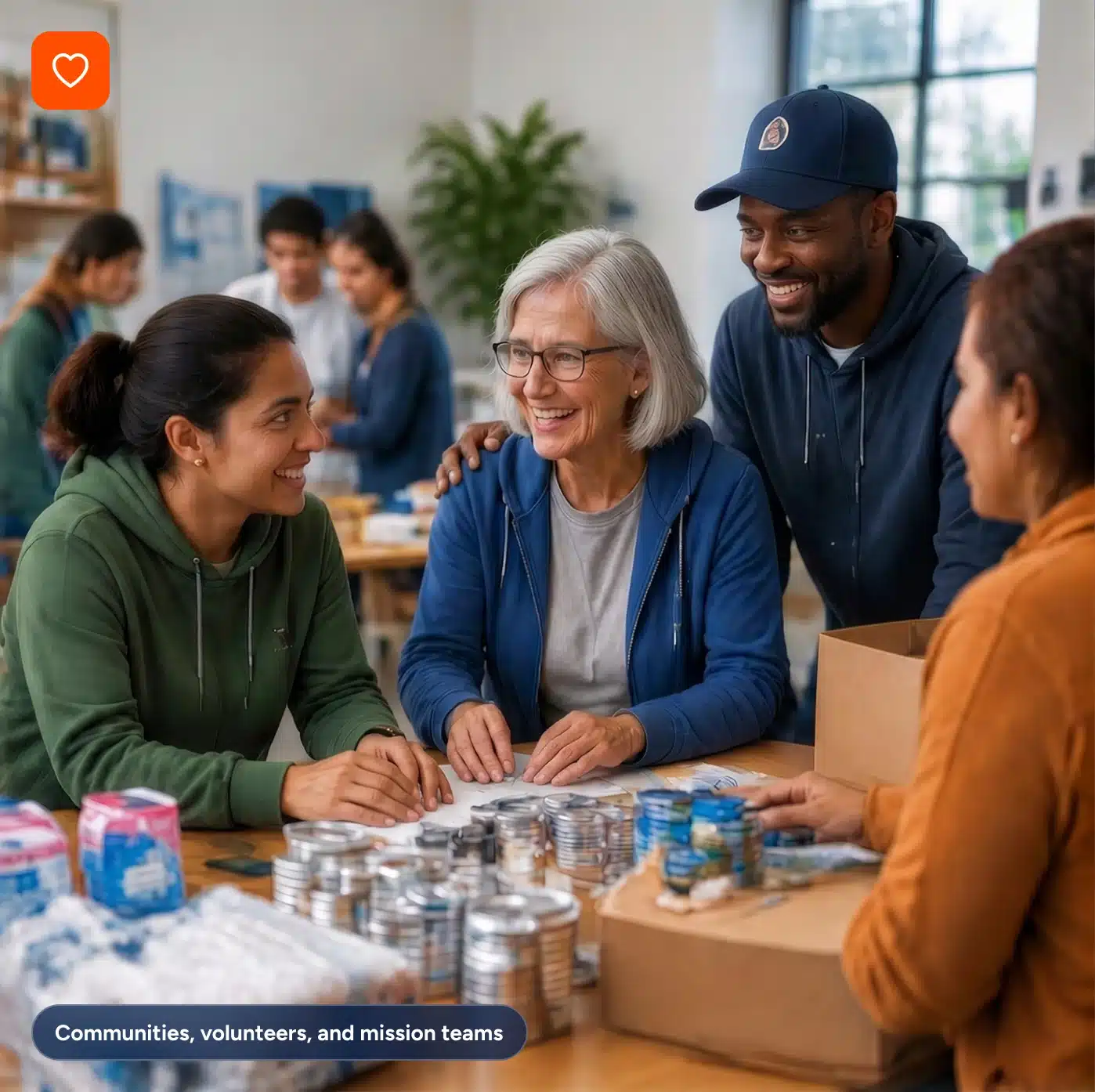 A diverse group of four volunteers smiles while working together at a table packed with canned goods and supplies.