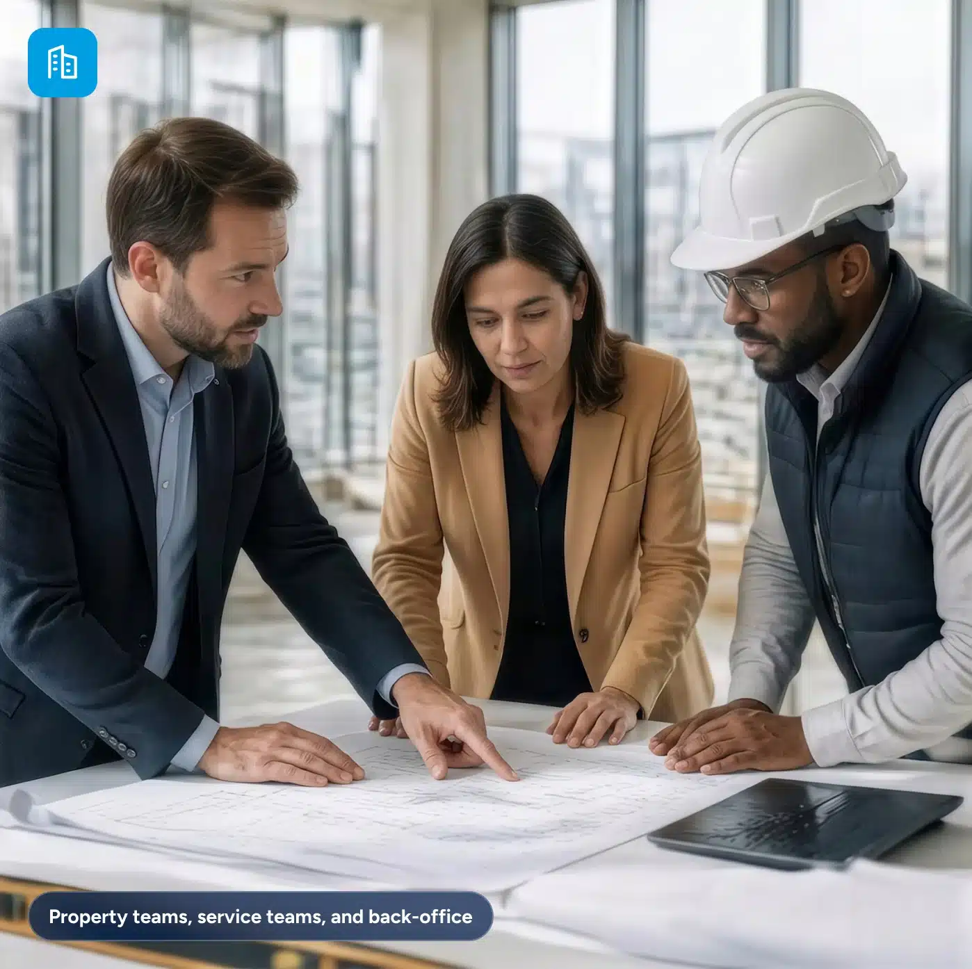 Two professionals in business attire and a colleague in a hard hat examine architectural blueprints on a table.