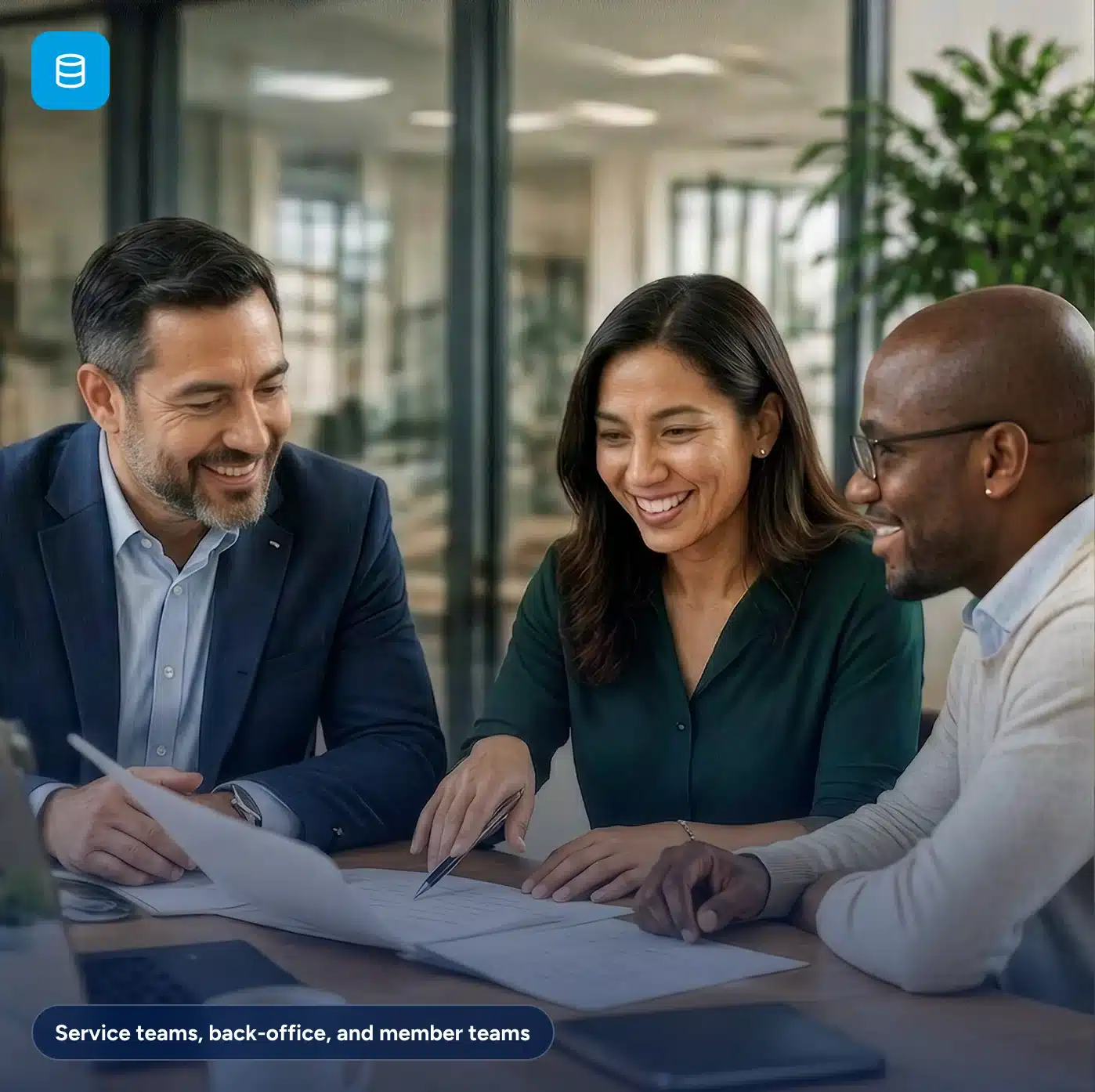 Three professional colleagues smiling and reviewing documents together at an office table.
