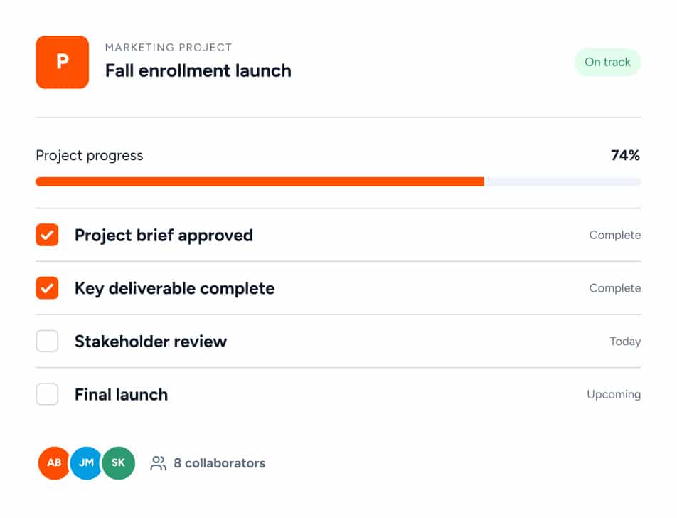 Project dashboard for Fall enrollment launch showing 74% progress, two completed tasks, a review due today, and one upcoming task, with 8 collaborators listed.