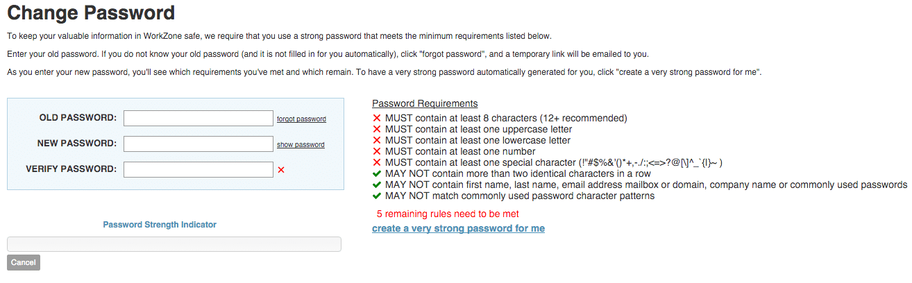 Strong password requirements